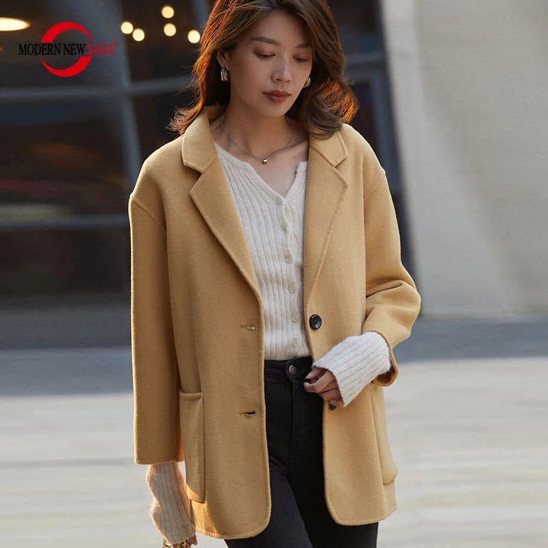 

MODERN NEW SAGA Women Wool Coat 100% Wool Autumn Wool Coat Winter Warm Woolen Jackets Peacoat High Quality Female Cashmere Coats