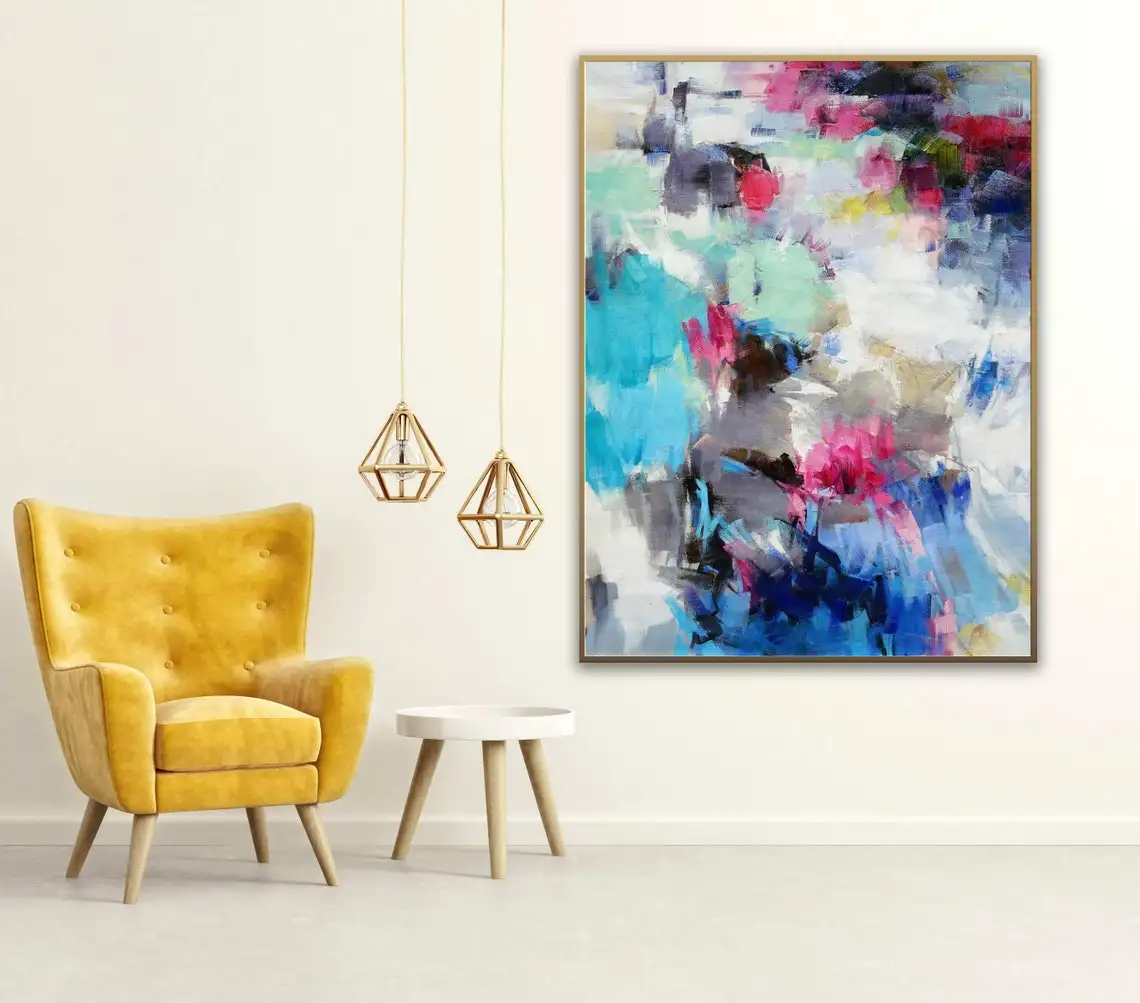 Brush Abstract Oil Painting Soft Color Tones Extra Large Artwork Modern Oversize Wall Art Blue Purple Violet Pink Yellow Art