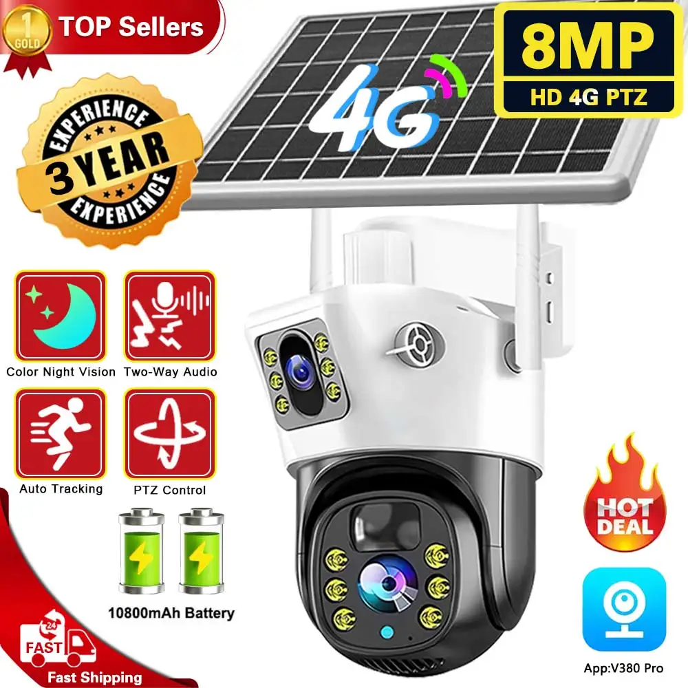 

4K 8MP Dual Lens V380 Pro 4G SIM Card Solar Battery PTZ Outdoor Wireless Bidirectional Call Security CCTV Auto Tracking Camera