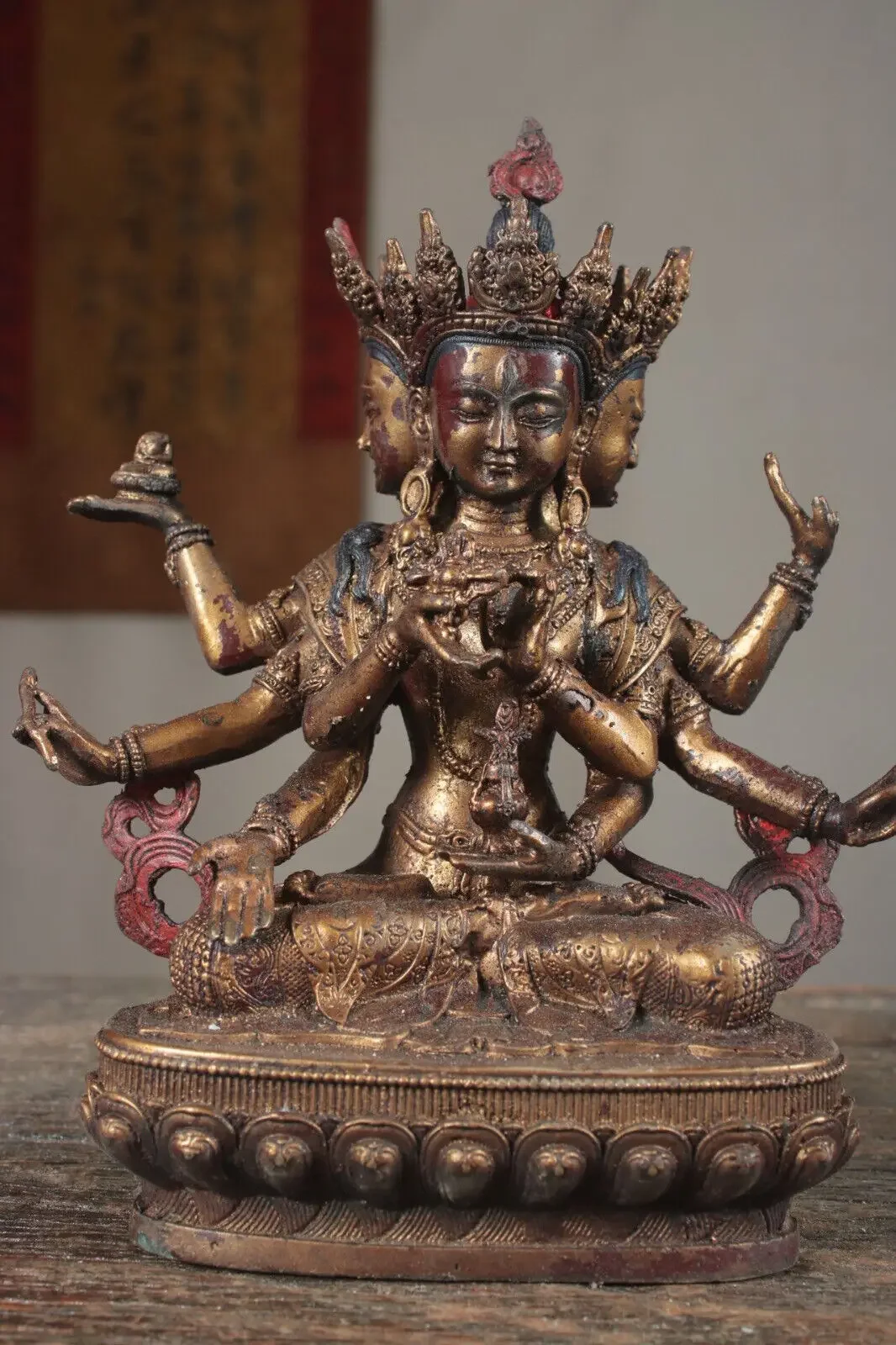 21cm Old Tibetan Buddhism temple Bronze gilt Three sided eight arm Guanyin statue