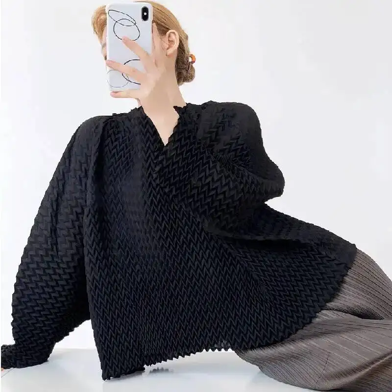 Handmade Pineapple Niche Pleat Cardigan Multi-Way Top Chic New Women's High-End Elastic Loose Long Sleeve Tops 22UM2