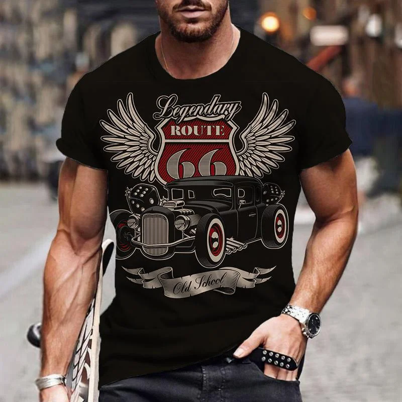 T-shirt ras du cou vintage pour hommes, pull à manches courtes, haut imprimé motard Route 66, vêtements de rue respirants, t-shirt décontracté pour