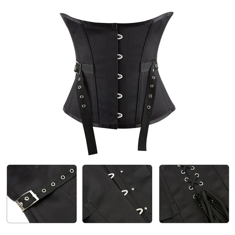 Q39C Boned Corset Top With Buckle Belt Black Underbust Lace Up Corset Waist Trainer