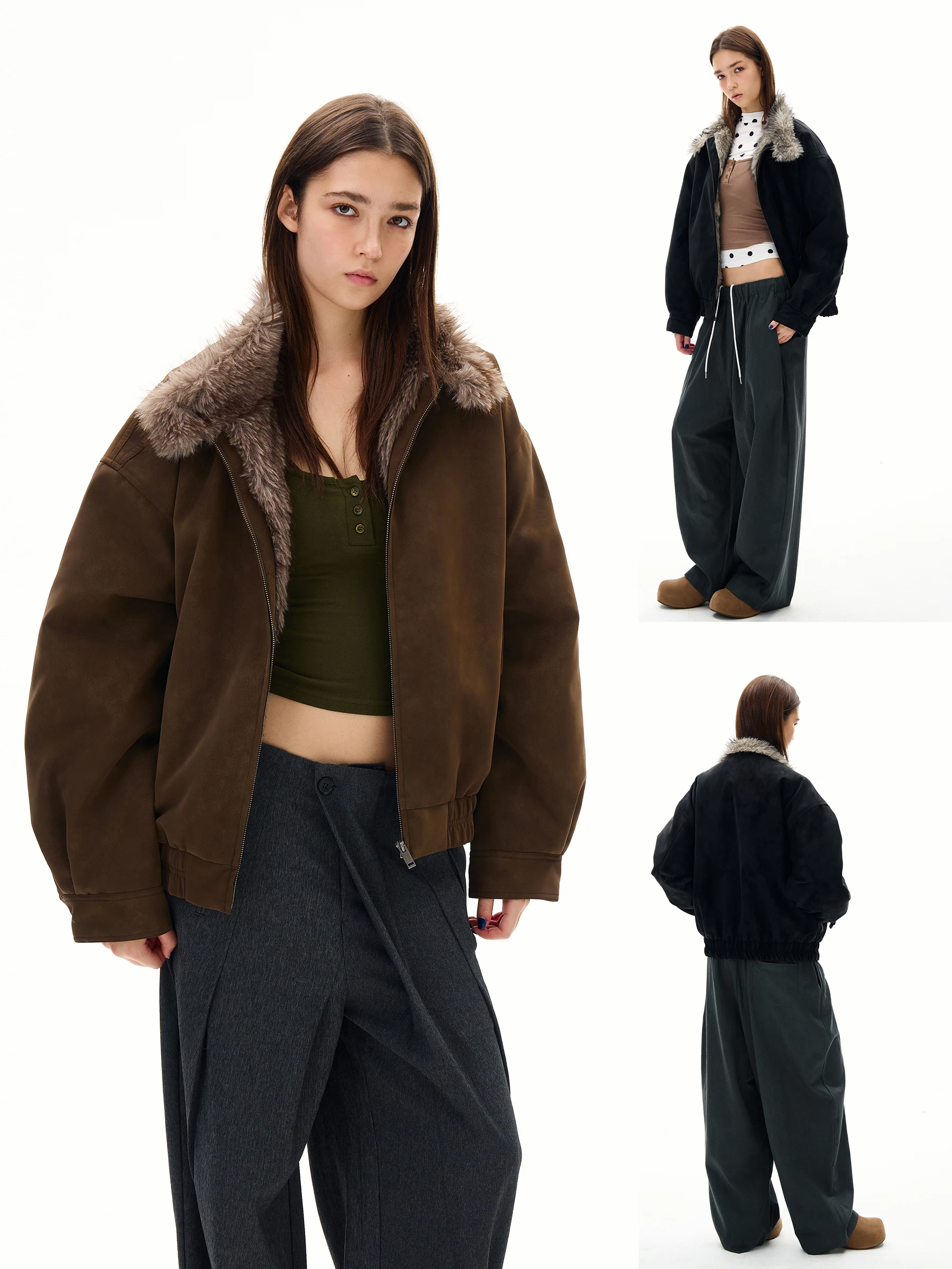 

Warmth Men's Suede Jaet Street Sle Cotton Coat with Fur Collar American Casual Faion Outerwear Youth ular Long Sve