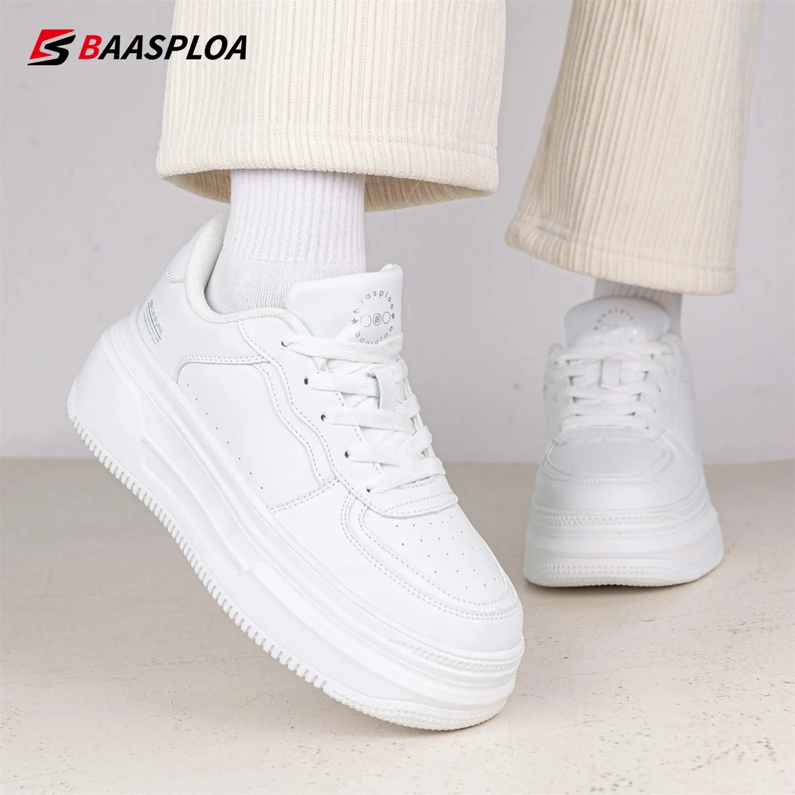 Baasploa Women Platform Sneakers Fashion Leather Casual Thick Soled Shoes for Women Comfort White Skateboarding Shoes Non-Slip