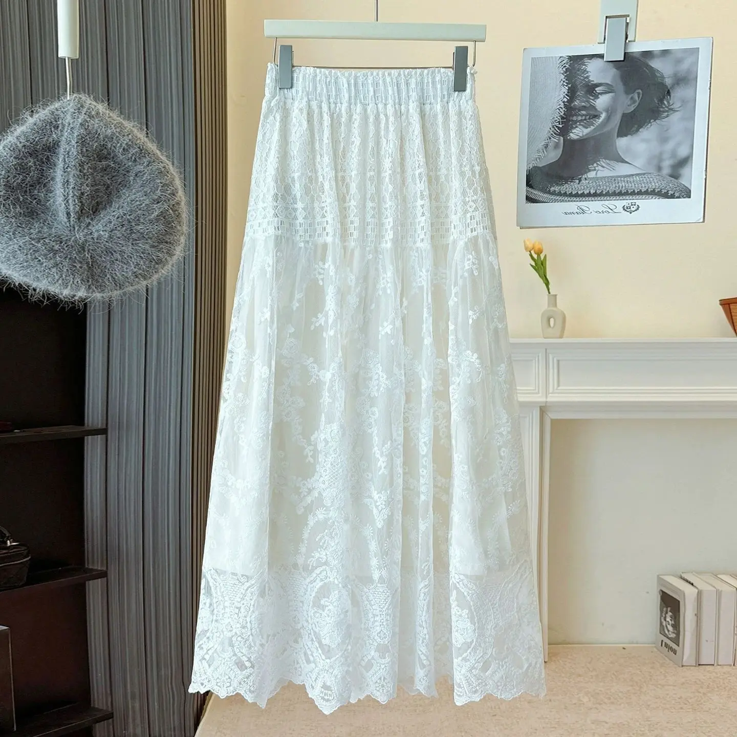 Spring Summer New Style White Lace Design Slimming Drapey Half Skirt Elegant Net Long Skirt Women Casual Embroidered High Wai...