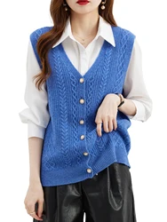 Women's Sweater Vest 100% Merino Wool Fall Winter V Neck Button Sleeveless Jerseys Knitted Cardigan Vest Vintage Female Clothing