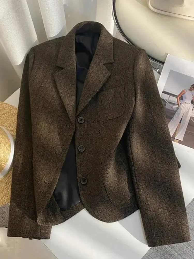 Jmprs Winter Faux Woolen Blazer Women Vintage Slim Long Sleeve Harajuku Suit Coat Casual American Retro Simple Coffee Outwear
