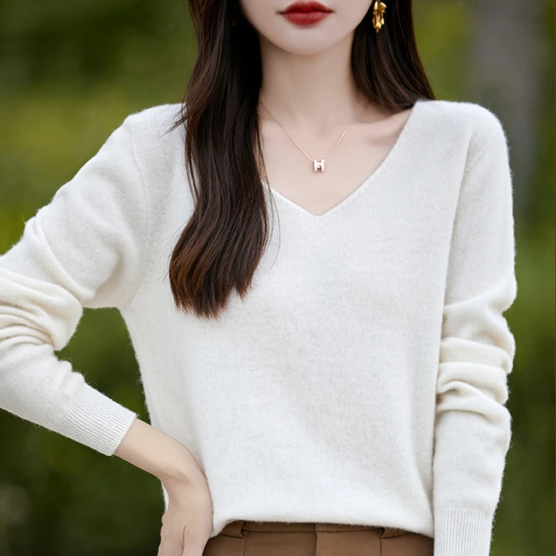 New Women\'s Wool Sweater V-neck Long Sleeve Pullover Soft 30% Merino Wool Knitwear Spring Autumn Cashmere Chic Tops