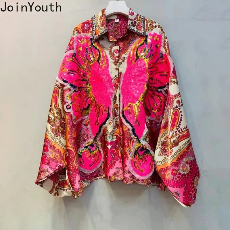 Floral Vintage Blouses for Women Summer Blusas Mujer De Moda Heavy Sequin Loose Shirts Vintage Korean Blouse Temperament Tops