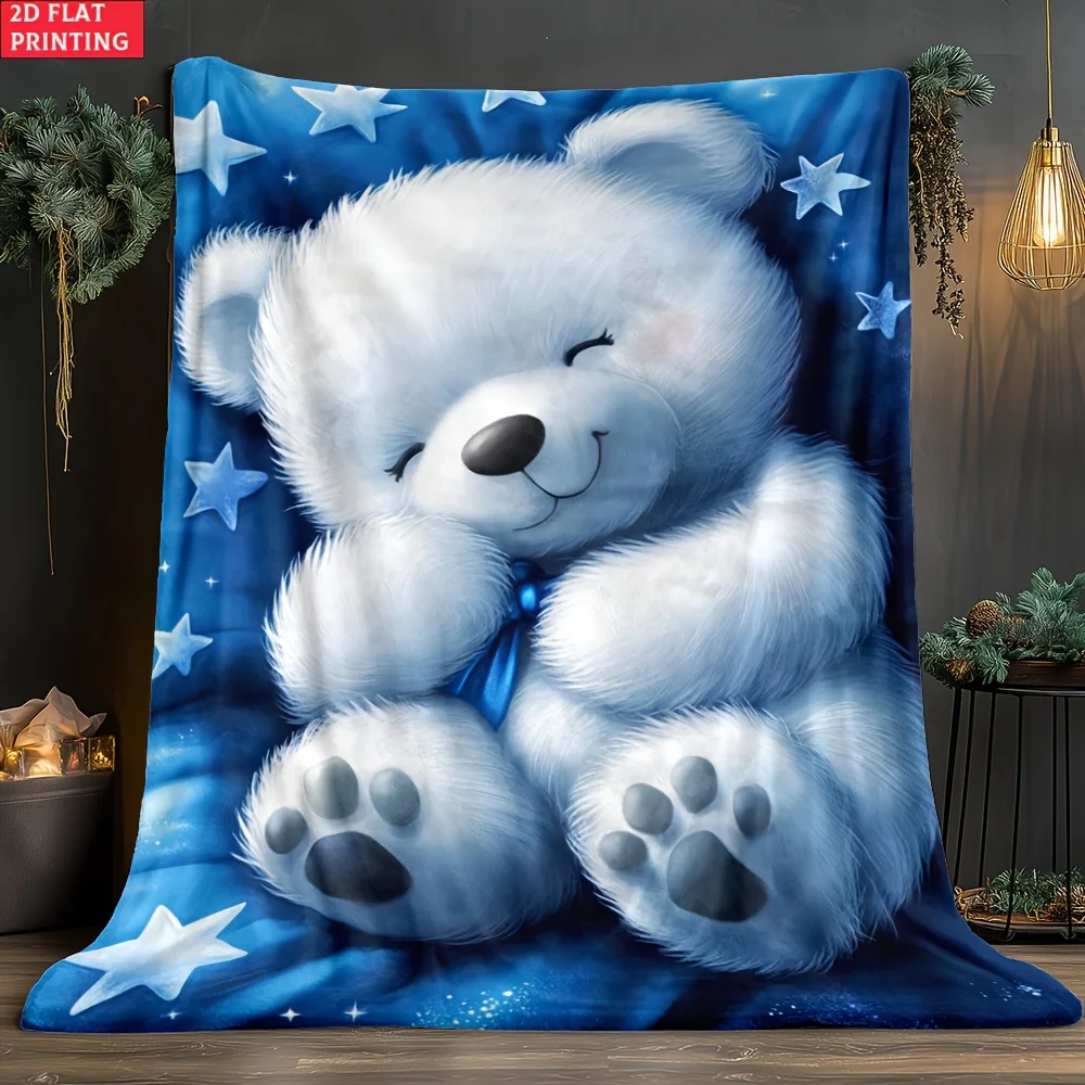 One Teddy Bear Design on a Blue Backdrop Blanket - a Lightweight Flannel Throw Suitable for The Sofa, Outdoor Use, Camping, Living Room, Office, Chair, And Bed - Features Digital Printing for a Soft And Cozy Feel, Perfect for Winter Warmth