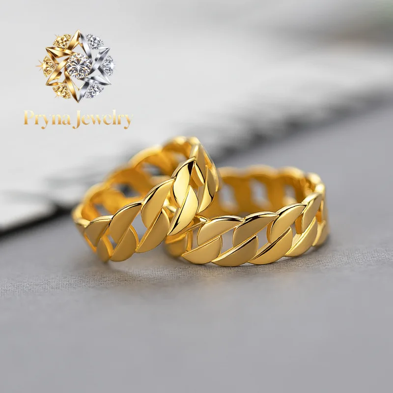 

Pryna Jewelry 24K real gold Cuban Chain Ring Fashion ins simple design Internet celebrity 9999 gold cold wind chain ring