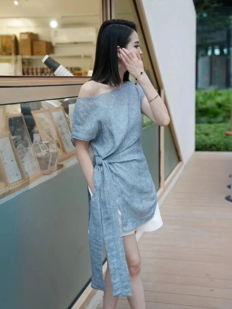 여름 럭셔리 블루 린넨 탑과 화이트 반바지 투피스 세트 여성 패션 허리 컷아웃 의상 엘레앤슬리 앙상블