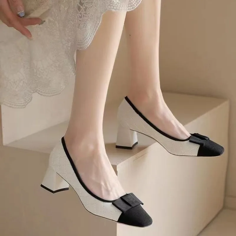 

2026 New Women's Mary Jane Pumps - Square Toe Bow Decor Chunky Heel Shoes Soft Leather Shoes Spring Fall Retro Fashion