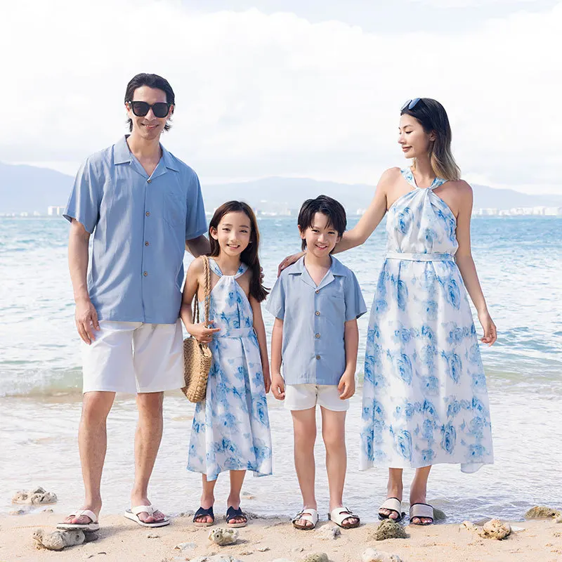 Beach Family Matching Outfits Resort Mother Daughter Matching Holiday Dress Father and Son Same Shirts Set 2023 Summer Vacation