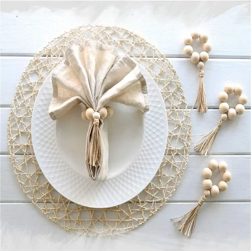 ABKW-Set Of 18 Beaded Wood Napkin Rings With Table Setting Wedding Party Décor Accessories Napkin Holder Natural Style