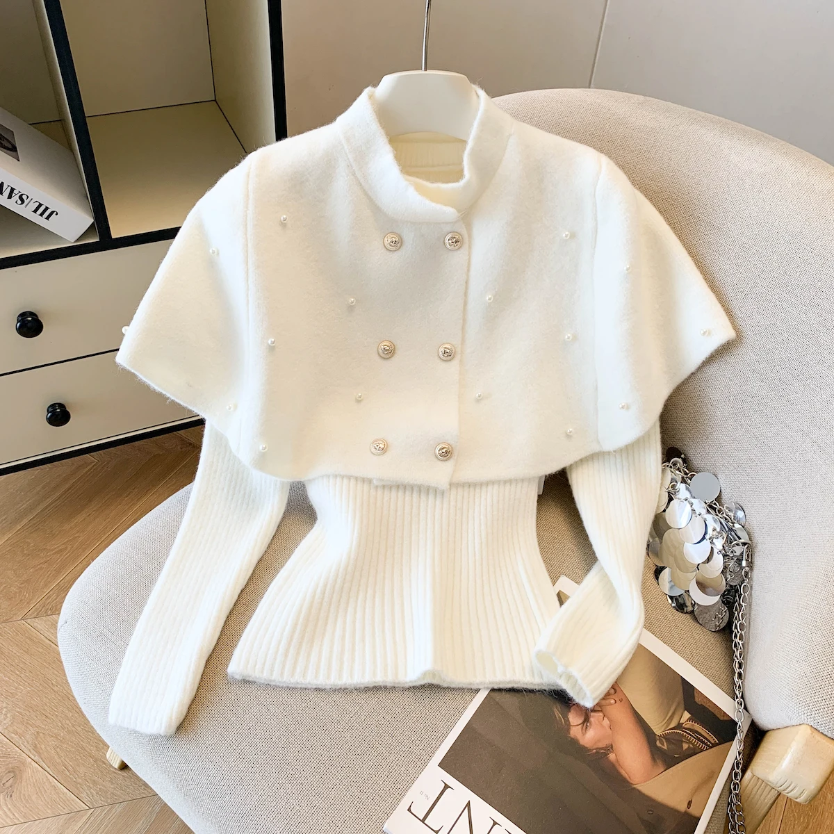 Moda coreana feminina duplo breasted frisado capa de lã camisola de malha outono inverno manga comprida pullovers topos duas peças