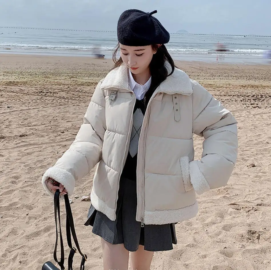 2024 Winter Women Solid Cotton-Padded Jackets Long Sleeve Outerwear Korean Warm Lamb Collar Coat Female Loose Down Cotton Clothe