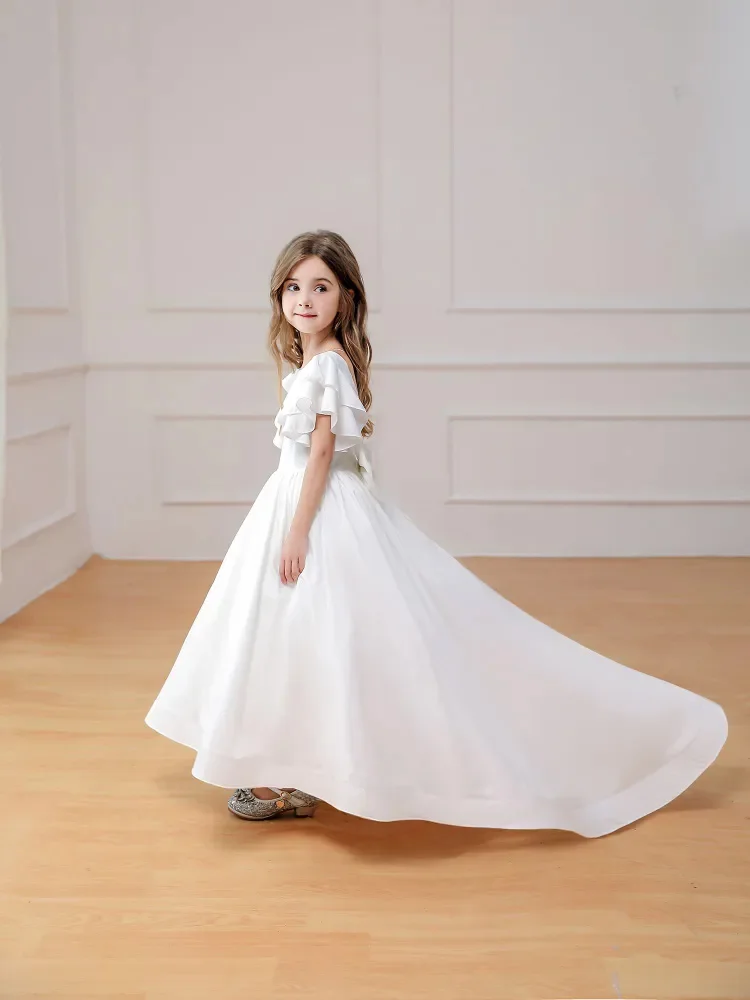 Girls dress white trailing round neck back V lotus sleeve bridesmaid dress Holy Communion dinner dress