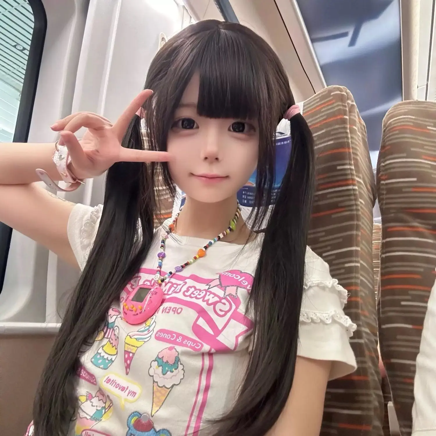 شعر مستعار أسود طويل مستقيم مع غرة هوائية بمظهر طبيعي للفتيات ذو وجه مستدير، شعر لوليتا كوسبلاي اليومي للطلاب #6