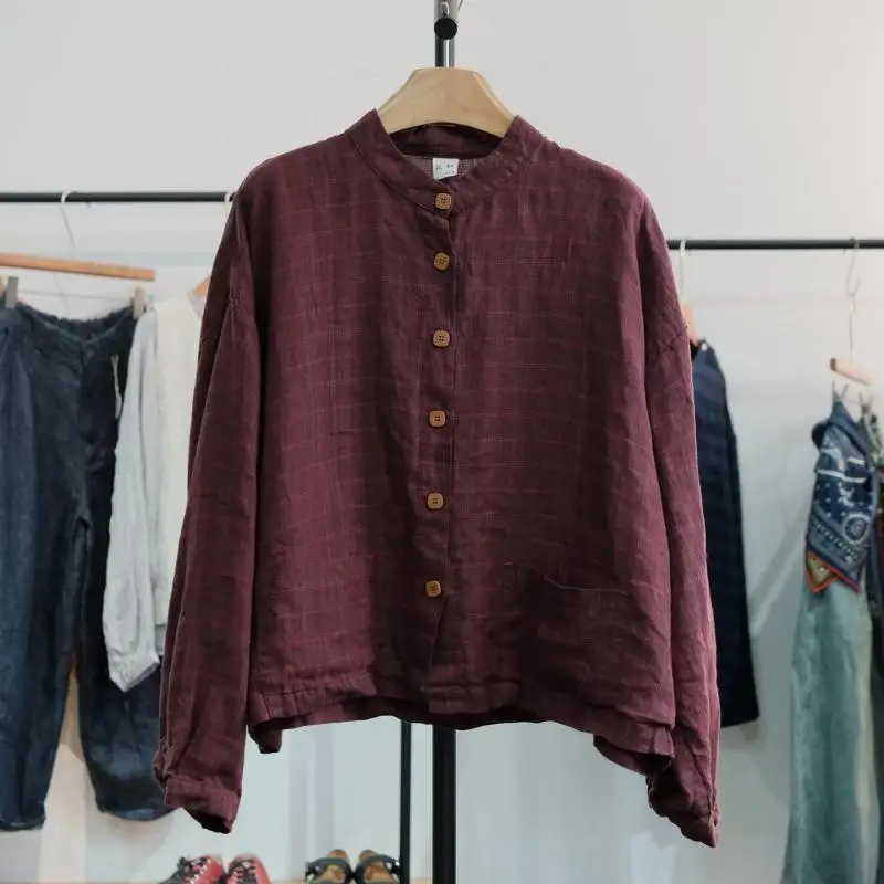 

Весенне-осенняя новая женская однобортная свободная блузка в стиле искусства, высококачественная хлопково-льняная клетчатая повседневная рубашка с длинными рукавами, женская