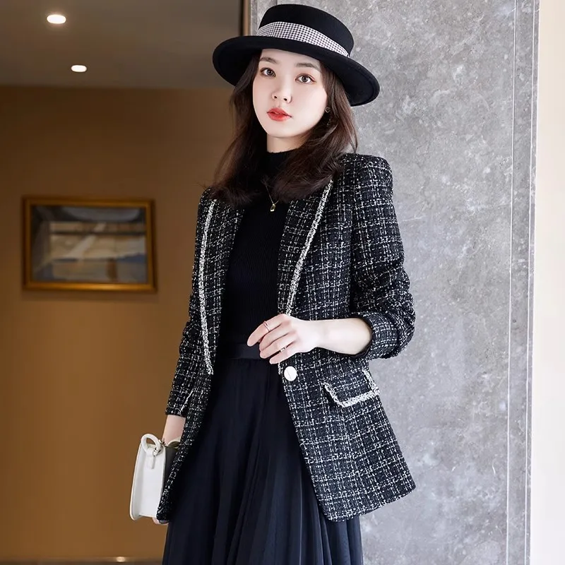 Houndstooth Classic Style Wool Blazer for Women 2024 Autumn/Winter New Short Thickened Jacket for Petite Figures High Quality