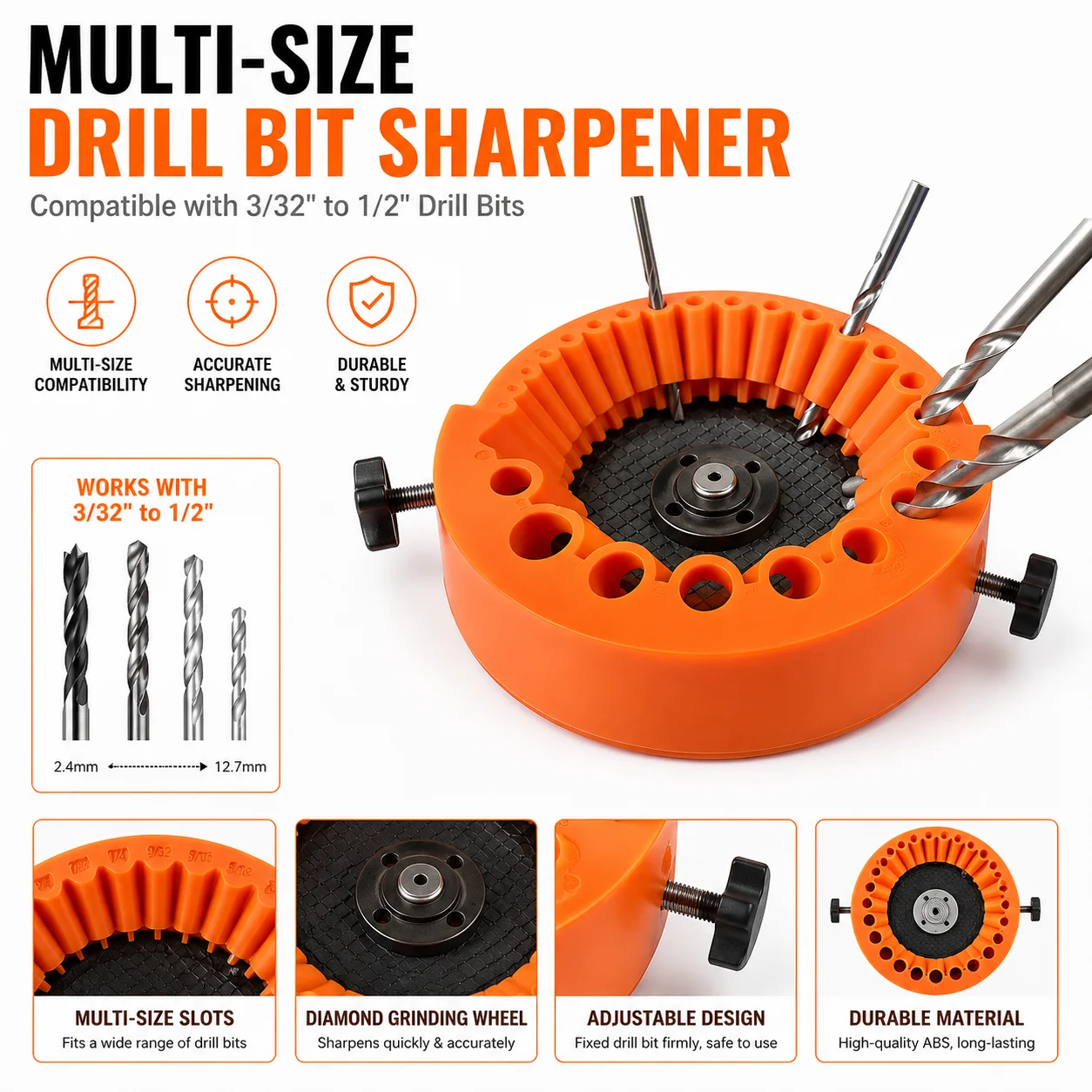 Multi Size Drill Bit Sharpener Portable Drill Bit Grinding Tool Diamond Grinding Wheel 3/32” to 1/2” Drill Bit Sharpener Guide