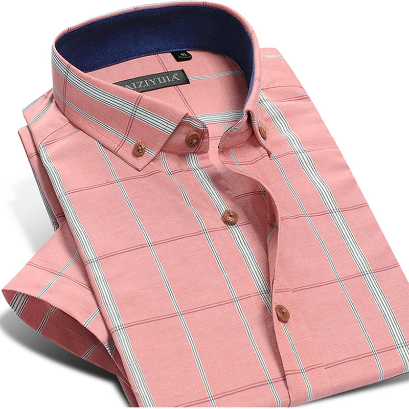 Short Sleeve Men's Cotton Plaid Dress Shirt Button Down Checkered Pocketless Design Casual Luxury Brand Male Social Shirts