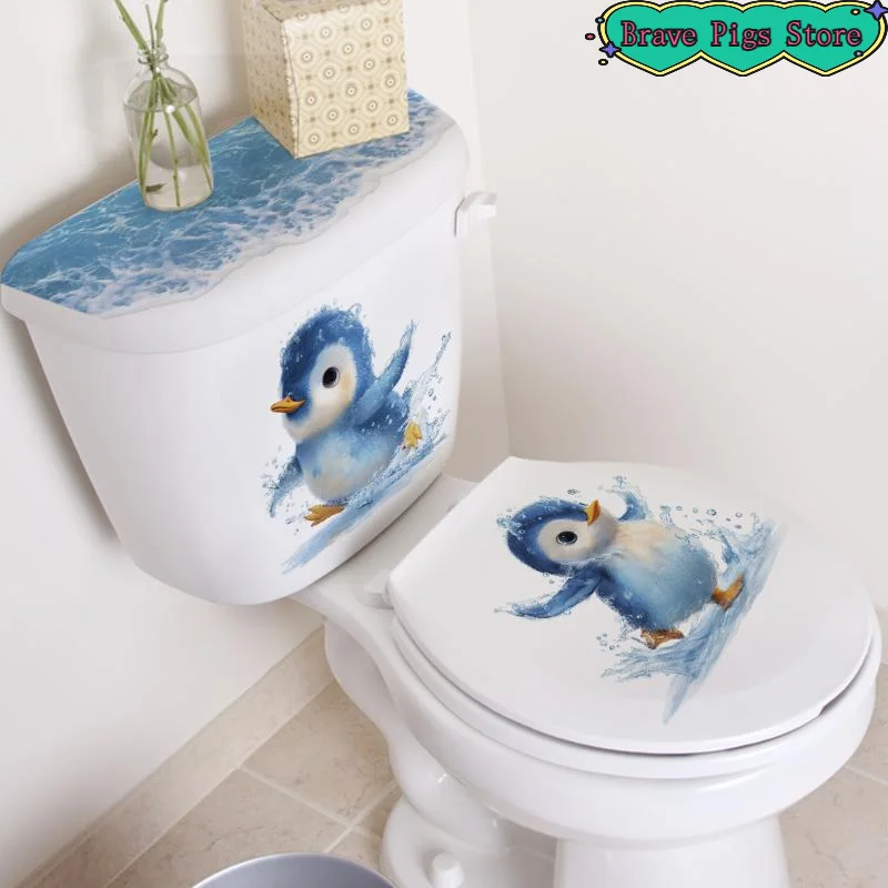 [HM]Self-adhesive Toilet Seat Cover Sticker Swimming Little Penguin Toilet Sticker Waterproof Bathroom Decoration Decal[HM]