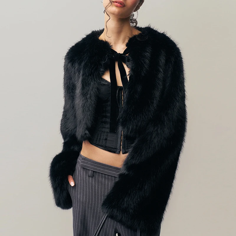 럭셔리 여성 겨울 두꺼운 따뜻한 인조 모피 코트 긴 소매 레이스업 O넥 크롭 숏 블랙 재킷 스트리트웨어 패션 아우터웨어