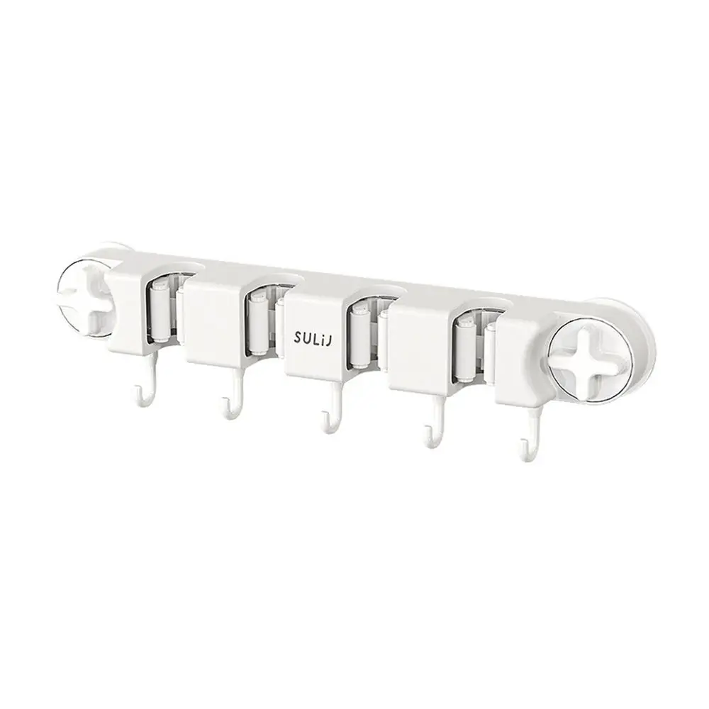 

Plastic Suction Cup Broom Mop Holder No Drilling Wall Mounted Broom Storage Rack Space Saving with 5 Hooks Mop Broom Organizer