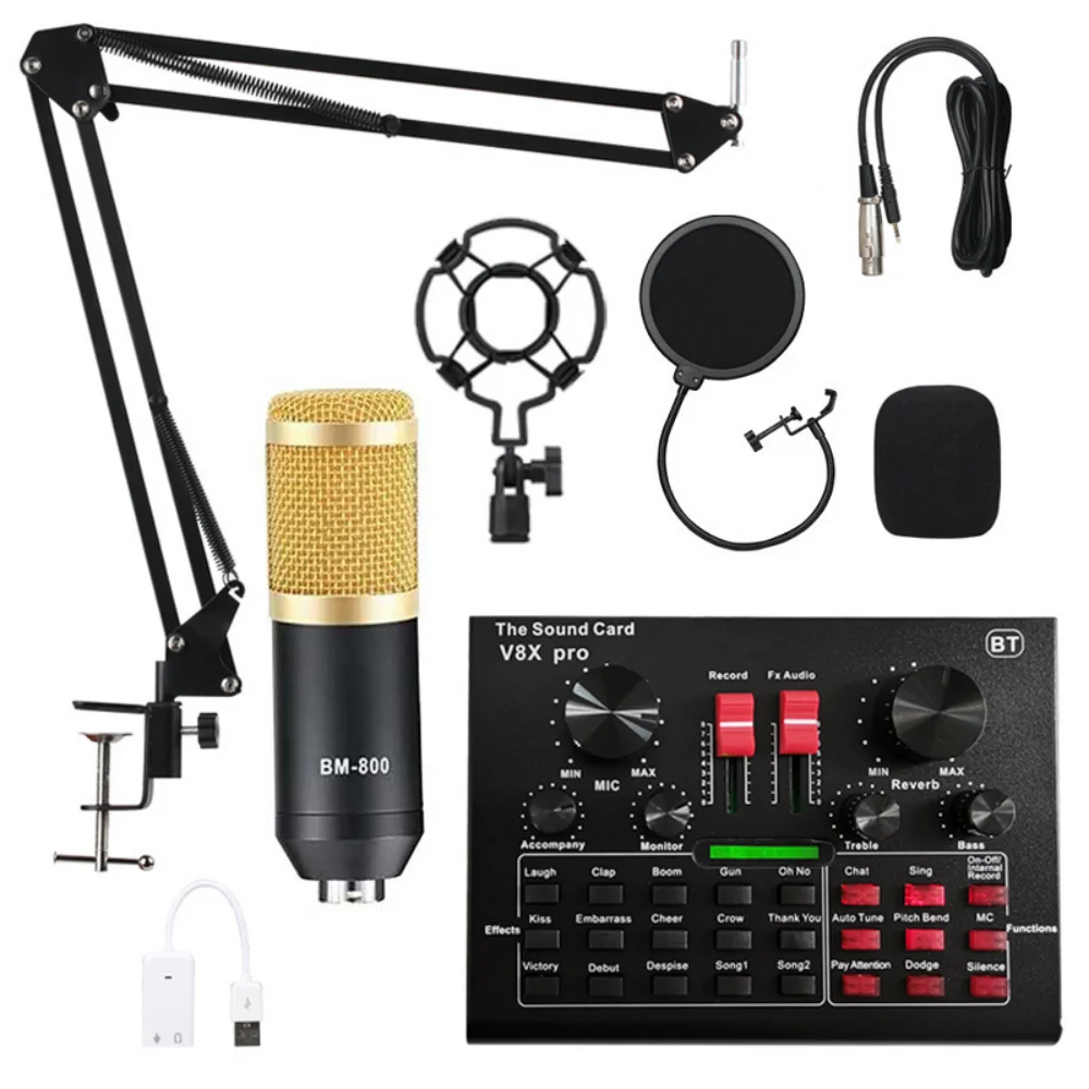 

Professional Audio Condenser Mic Studio Singing Microphone BM800 V8 Sound Card Set for Karaoke Podcast Recording Live Streaming