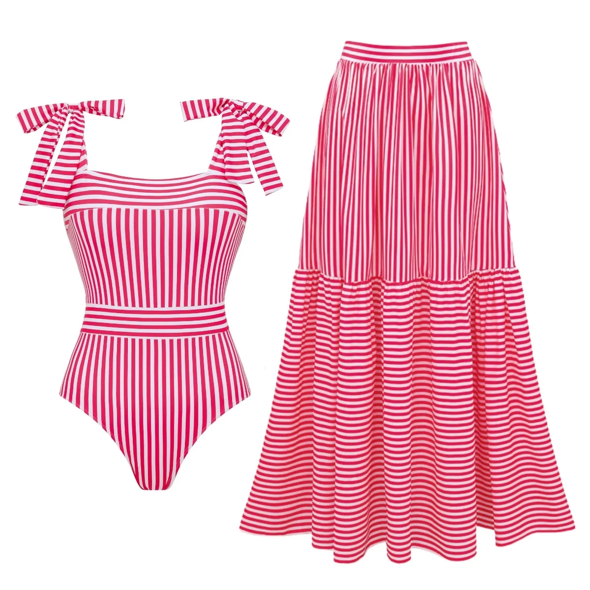 

One Piece Swimsuit For Women European And American Swimsuit Bow Strap Contrasting Color Red And White Striped One-piece Swimsuit