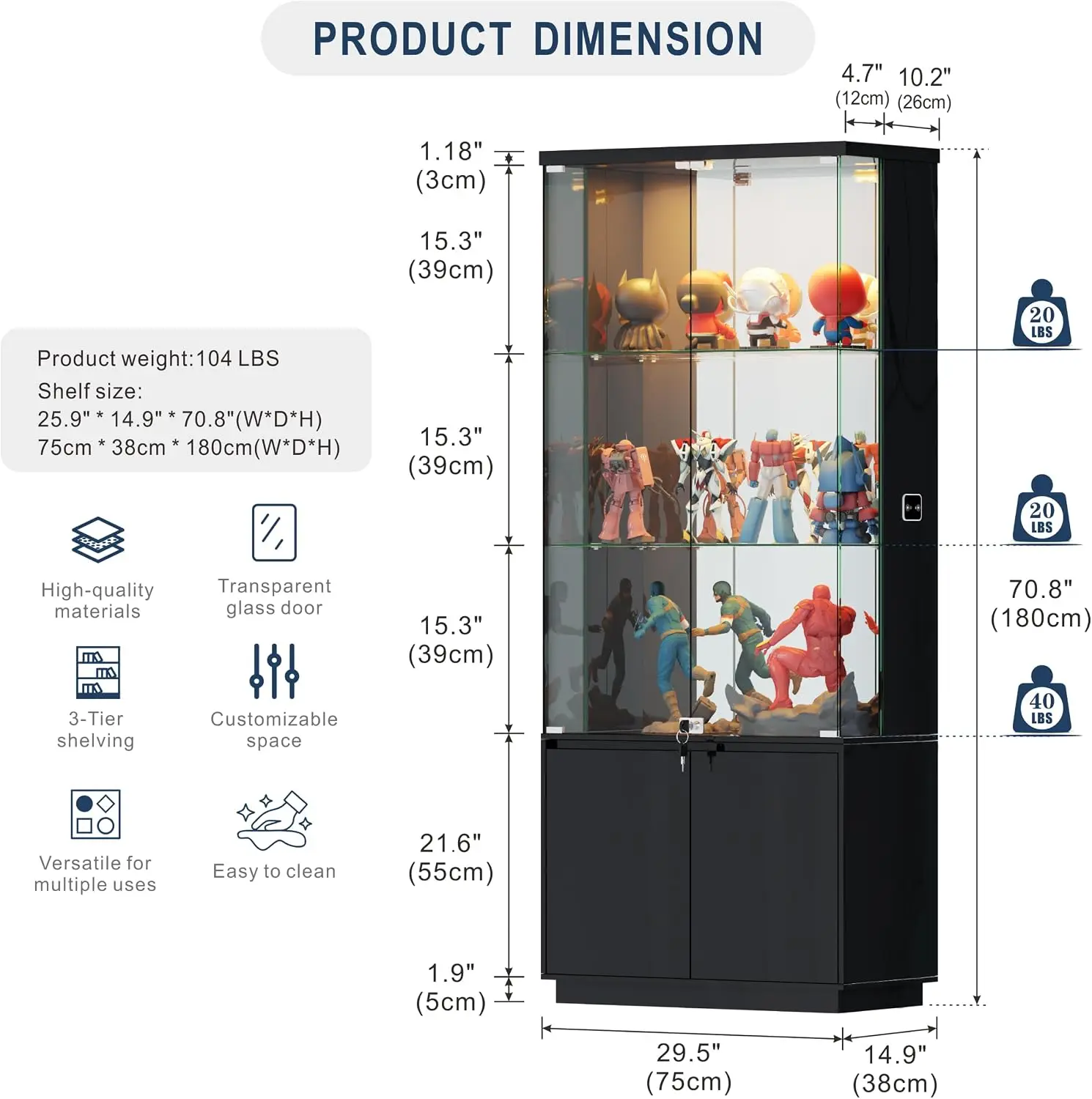 71'' Display Cabinet with Glass Doors & 3 Color Lights, Lockable Curio Cabinet for Bedroom view 2