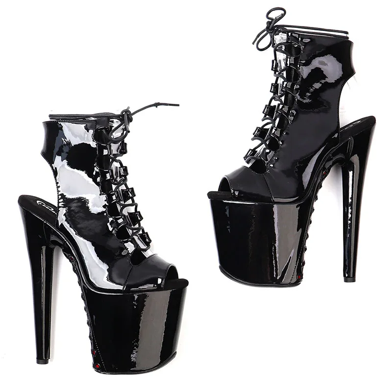 Leecabe  20CM/8inches patent  Upper Trendy Fashion ankle boots lace-up platform High Heel Stripper heels Pole Dance boot