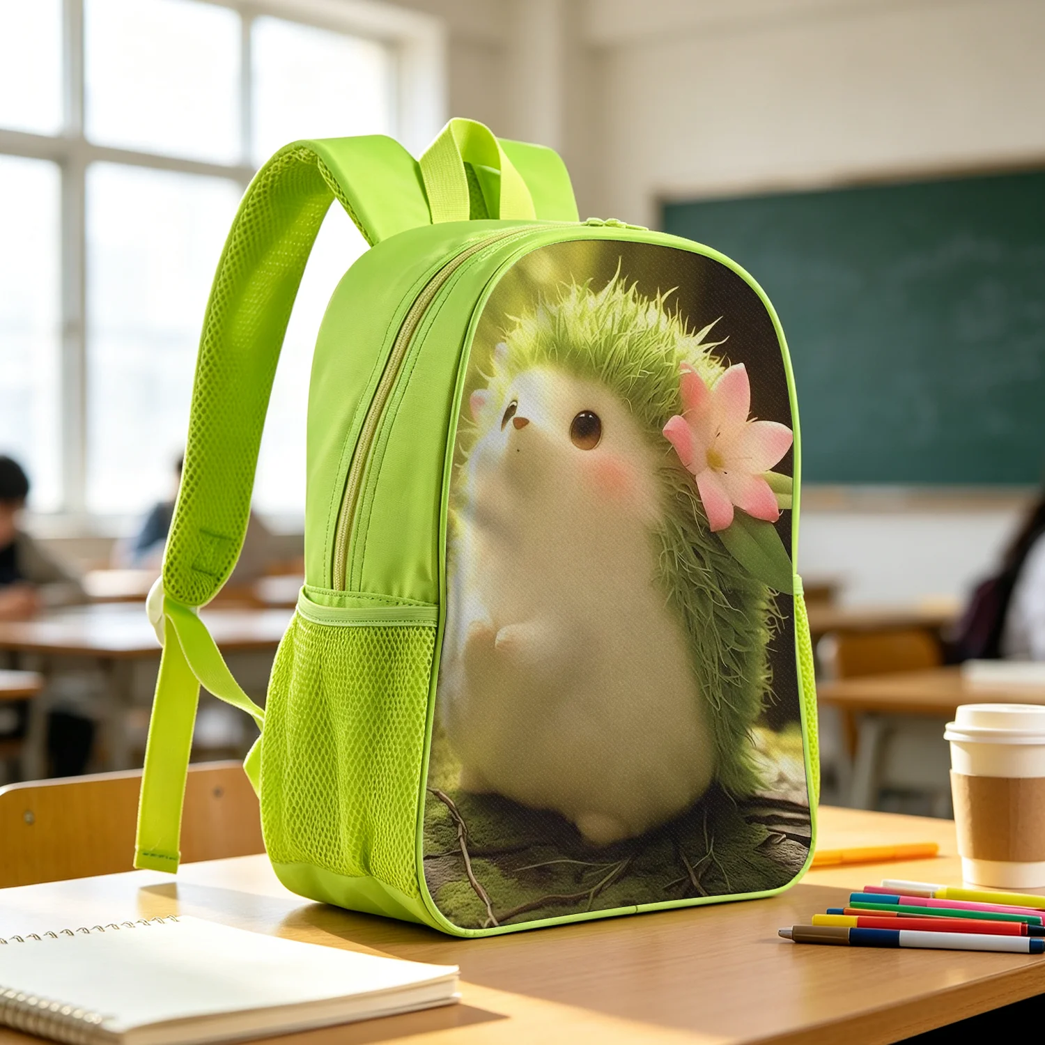 Cute Green Hedgehog Backpack Lightweight School Bookbag with Flower Moss Nature Woodland Print Adjustable Padded Straps