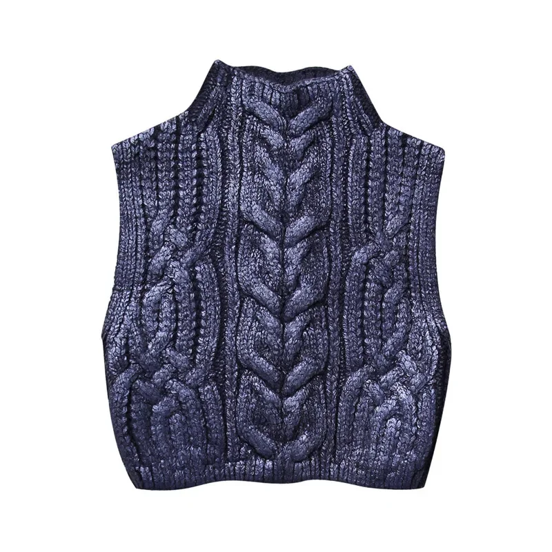 High Street Sleeveless Knitted Sweater Vest Stand-up Collar Cropped Top Fashion Metallic Color Twist Crochet Pullover For Women 