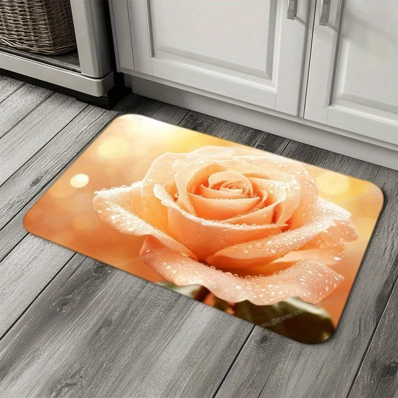 

1PC Toned Rose Blossom pattern Kitchen Rug Non-Slip Door Mat Pop design Bathroom Rug Bath Mat Carpet for Home Sink Laundry Decor