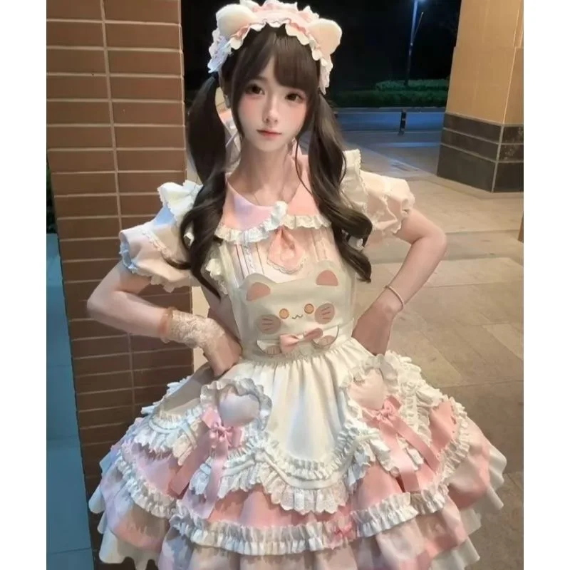Original Heavy Industry Design Sweet Lolita ชุดสตรีใหม่สีชมพูโบว์แขนสั้นชุดสายคล้องสัตว์พิมพ์ผ้ากันเปื้อนชุดสุภาพสตรี