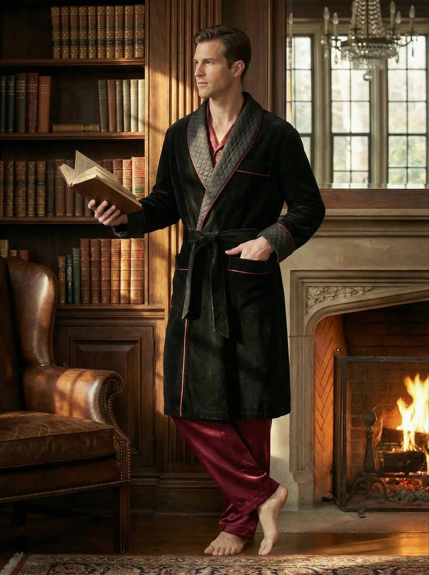 Long Velvet Smoking Jacket Shawl Lapel Wedding Groom Coat Terno Men Suit Blazer with Belt