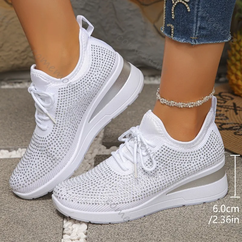 

Women's Rhinestone Mesh Wedge Sneakers Breathable Knit Height Increasing Walking Shoes Lace-Up Platform Casual Vulcanize Shoes