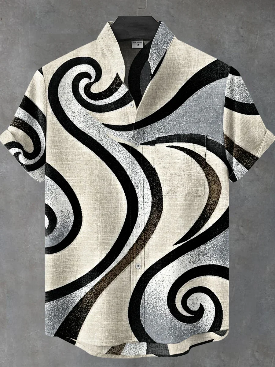 

New retro striped printed casual linen shirt, short-sleeved shirt, high-quality casual men's shirt, fashionable style shirt