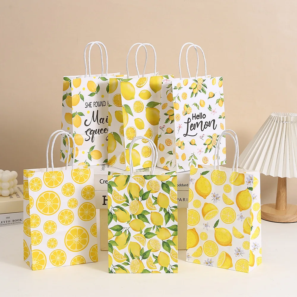 

6pcs Tropical Summer Hello Lemon Theme Biscuit Snacks Paper Gift Bags Wedding Birthday Anniversary Celebration Party Supplies