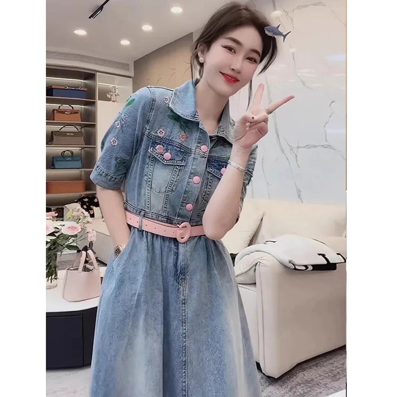 2023 New Women\'s Exquisite French Denim Dress With A Sense Of Niche Design 2023 Summer Embroidered Female with Long Dress Belt