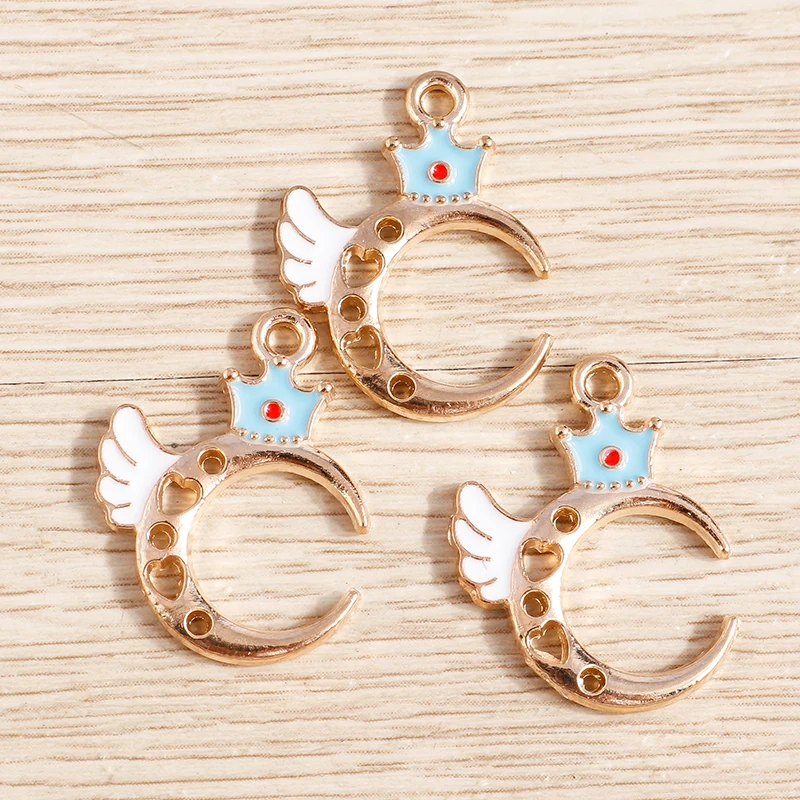Tusember 10 Stück 17*23mm Niedliche Emaille-Kronen-Flügel-Mond-Anhänger DIY-Anhänger für Armband, Halskette, Ohrring, Schmuckherstellungszubehör – Detail 4