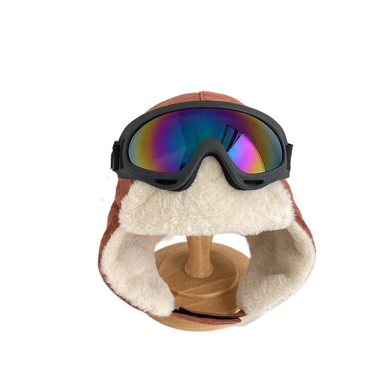 

Cartoon Warm Ski Cap with Glasses Goggles Soft Ear Protection Hats Windproof Earmuff Plush Pilot Hat Winter
