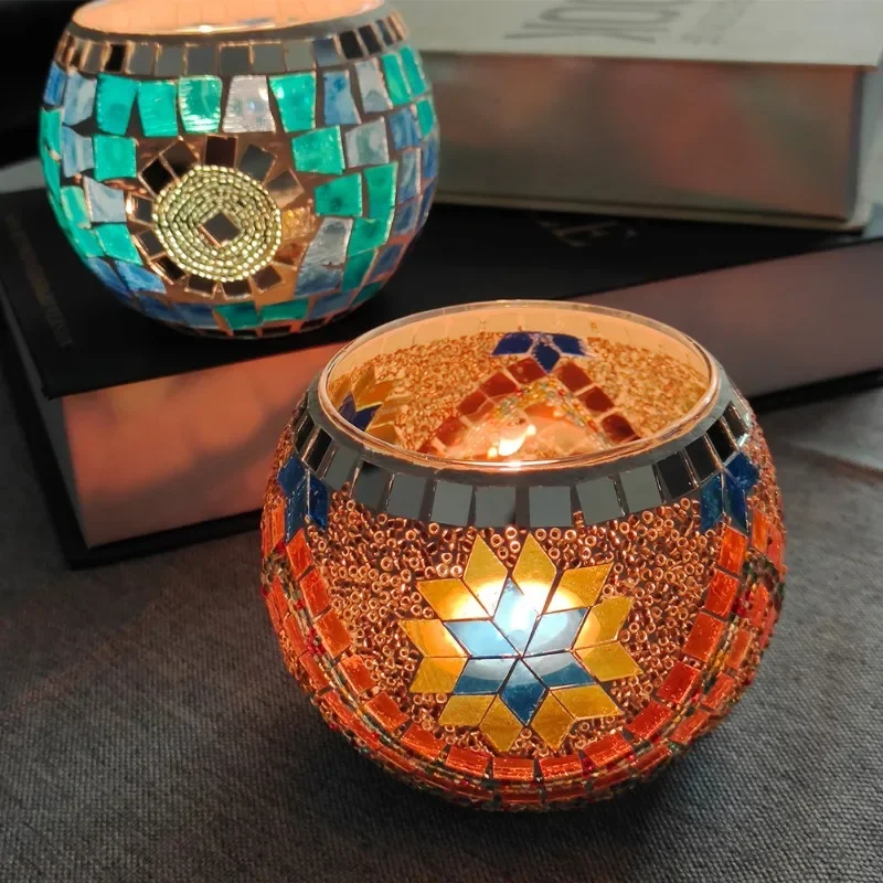 Mosaic Glass Candlestick Confession Props Folding Line Blue Green European Romance Style New Southeast Asian Style Ornaments