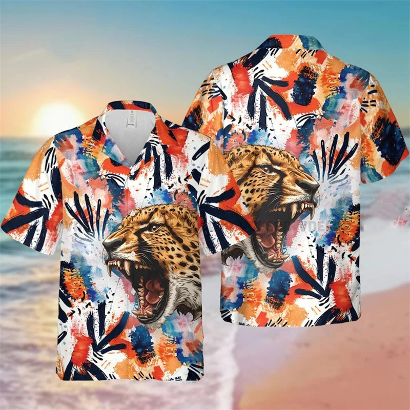 Forest Terror Tiger Print Shirts For Men Clothing Animal 3D Printed Blouses Hawaiian Holiday Party Lapel Camisa Button Tops Male