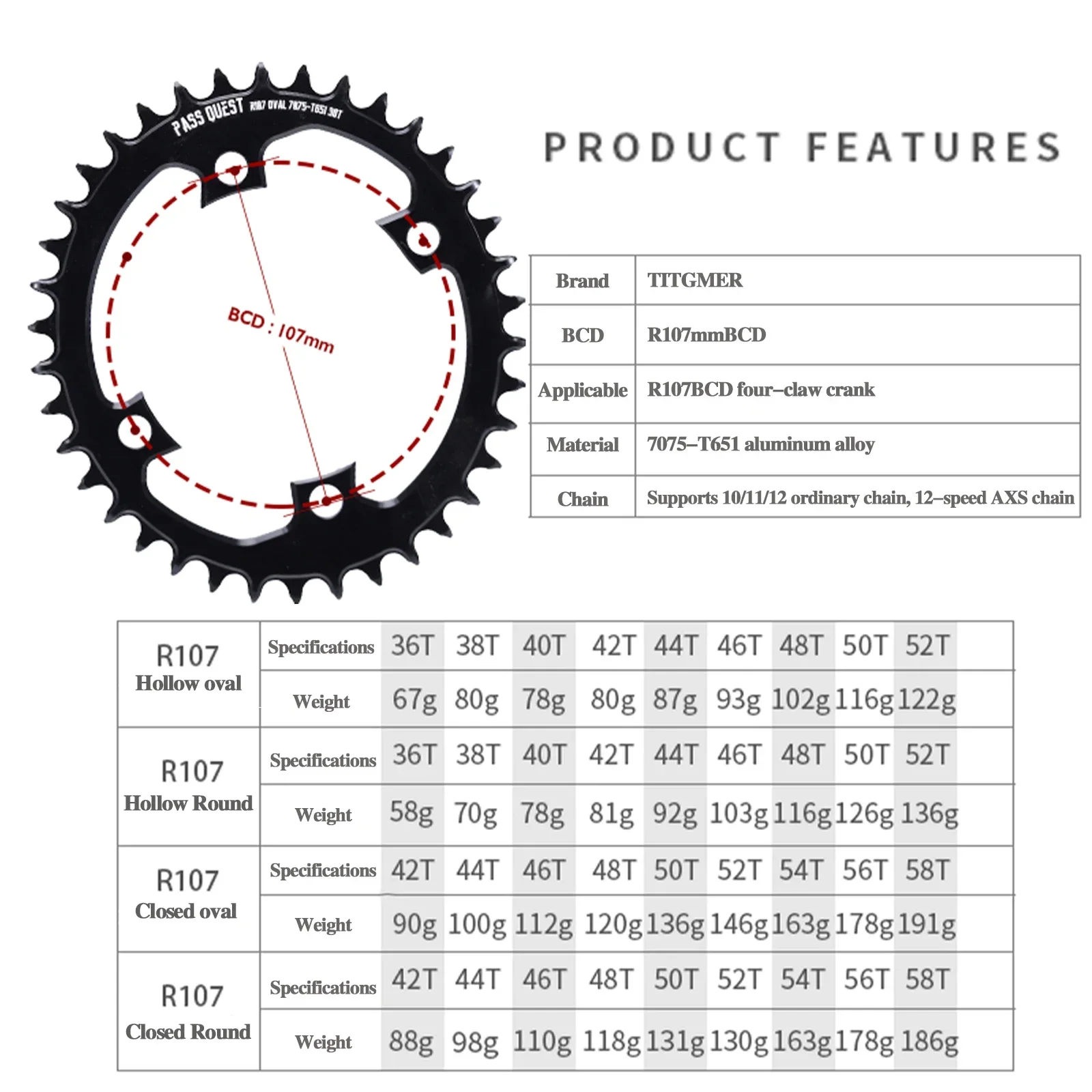 107 Bcd Chainring 36T 38T 40T 42T 44T 46T 48T 50T 52T 54T 56T 58T Oval Road Bike Narrow Wide Chainring for SRAM RIVAL AXS 12S