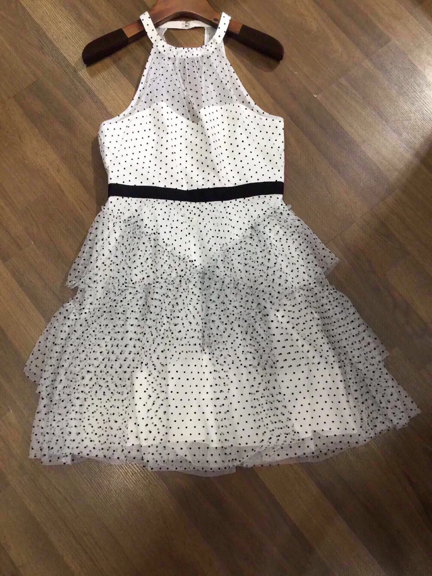 Vestido feminino com estampa de bolinhas, gola redonda, sem mangas, cintura alta, malha em camadas, doce, slim, mini robe